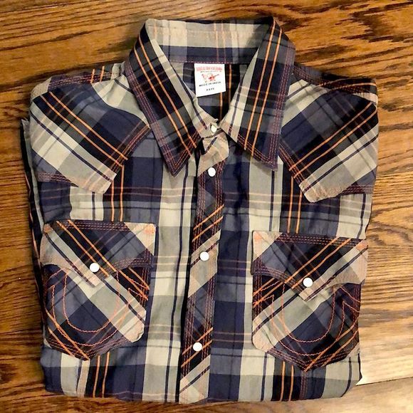 TRUE RELIGION Long Sleeve Navy Tan Orange Plaid Western Button Down Shirt 3XL - Picture 1 of 10